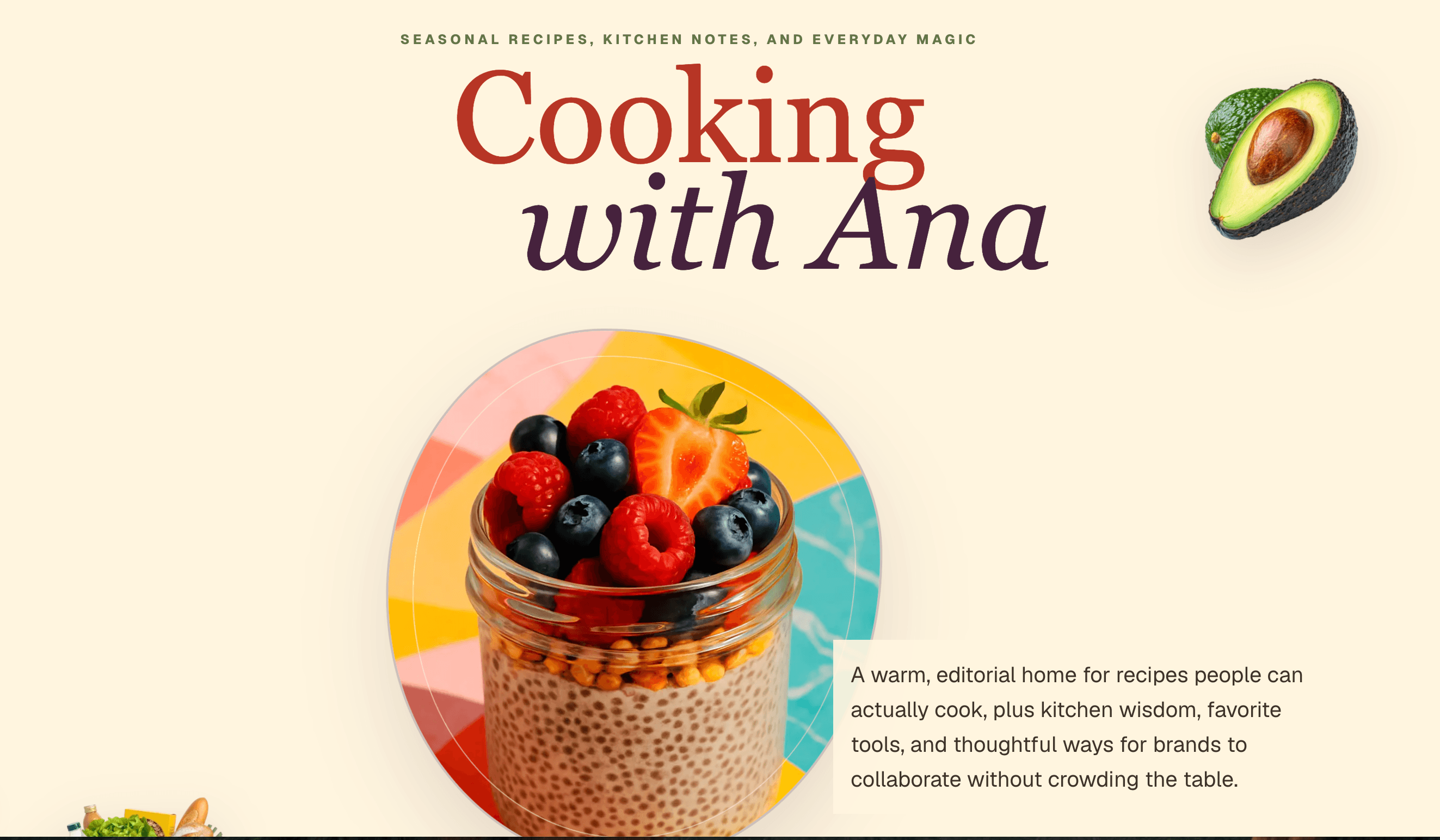 Cooking with Ana website featuring colourful food photography and seasonal recipes.