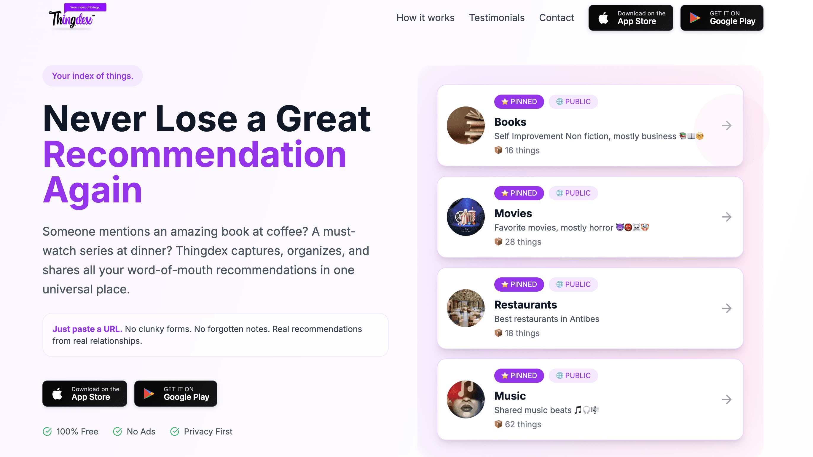 Thingdex homepage with purple headings and cards for books, movies and restaurants.